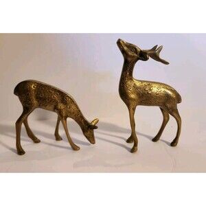 Vintage Solid Brass Deer Figurines Pair of Deer Buck & Doe. 6" & 5" MCM Holiday